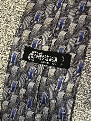 Dilena Men's Tie 100% Silk Designer Necktie Gray And Blue Geometric~Italy