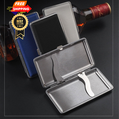 Cigarette Case Stylish Leather Surface Metal Box for 14 120mm, Black