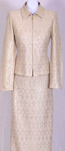 ST.JOHN Womens 3Pc. Cream Metallic Gold Shimmer Sequins Jacket Top  Skirt Sz 6-8