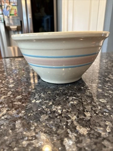 McCoy Mixing Bowl Pink & Blue Stripes Ovenware USA Vintage diameter 10"