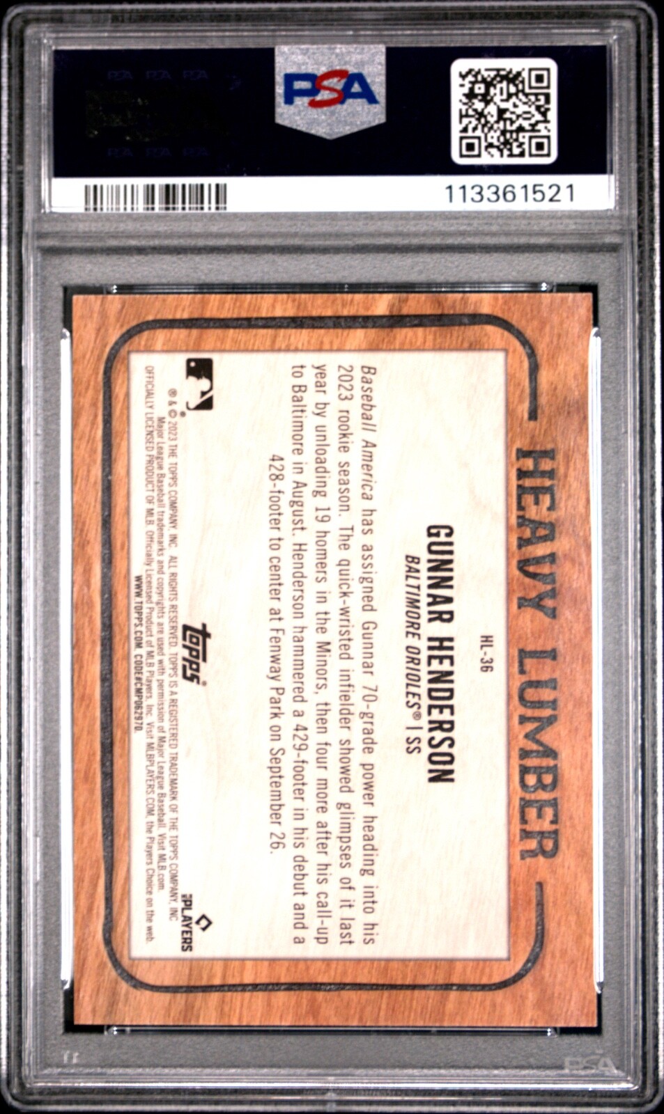 2023 Topps Gunnar Henderson Heavy Lumber Rookie RC #HL-36 PSA 9 Mint view 2
