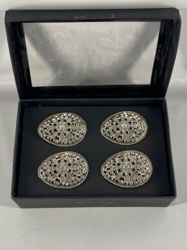 Tahari Home Set Of 4 Silver Tone and Clear Rhinestone Jeweled Napkin Rings - Picture 1 of 5
