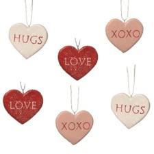 Bethany Lowe "HUGS LOVE XOXO" Candy Heart Valentine Day Ornament Set of 6
