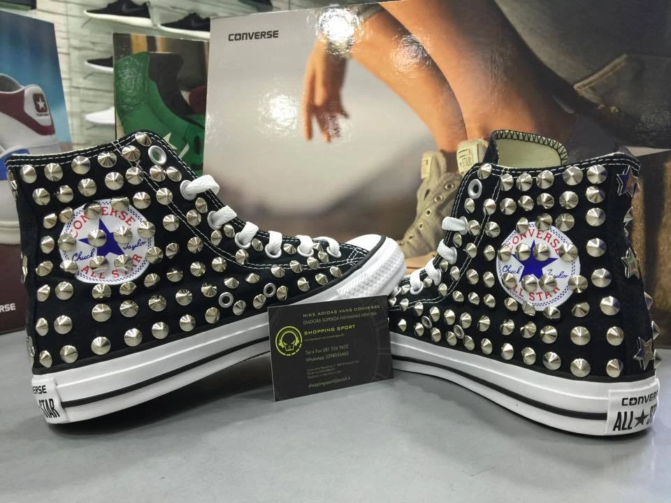 Converse Nere alte Borchiate borchie argento full Star Clean Stelle - Immagine 3 di 3