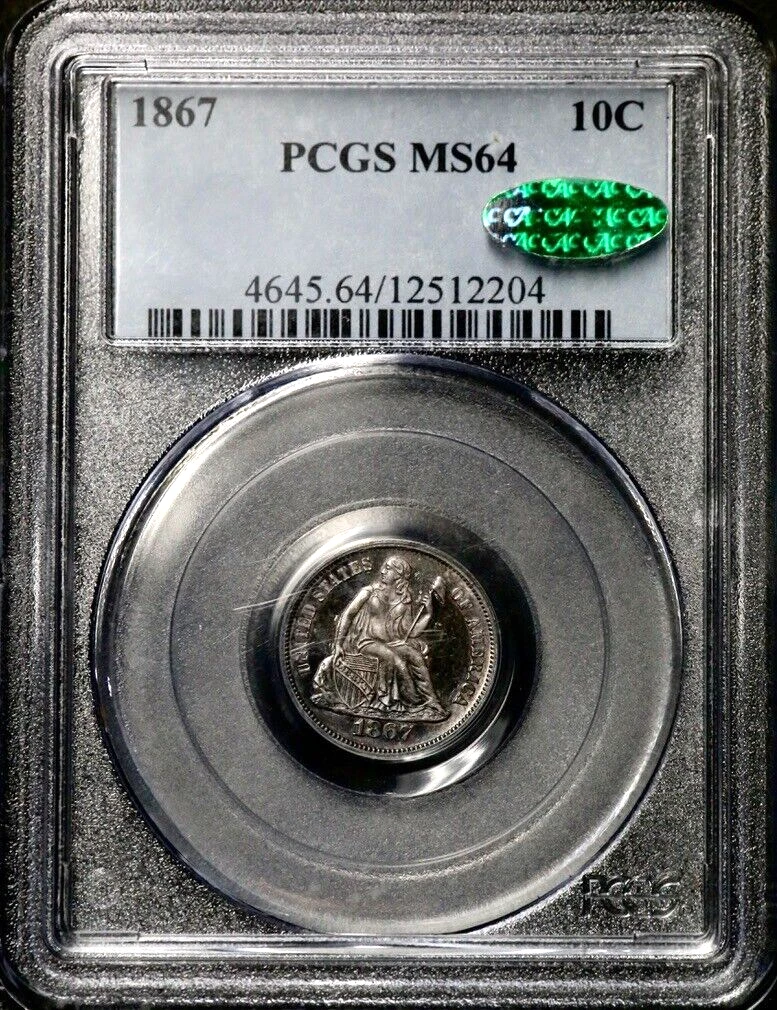 1867-P 10C Seated Liberty Dime - PCGS MS64 CAC RARE Low Mint 6k ColorToningRC2 52