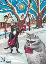 5x7 PRINT OF PAINTING XMAS TUXEDO CAT RACOON MAIL RYTA folk art gift winter 🎄