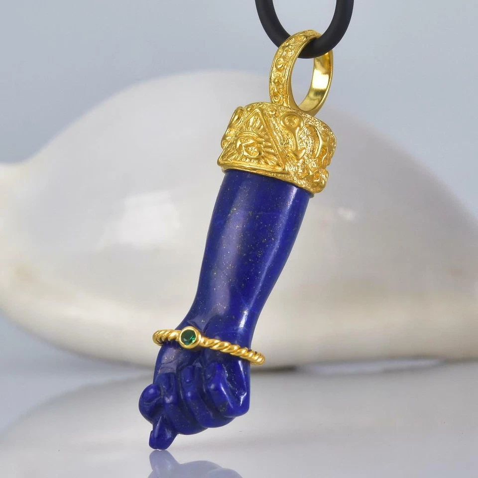 Gold Vermeil Sterling Mano Fico Figa Anhänger Geschnitzter Lapislazuli Smaragd - Bild 3 von 4