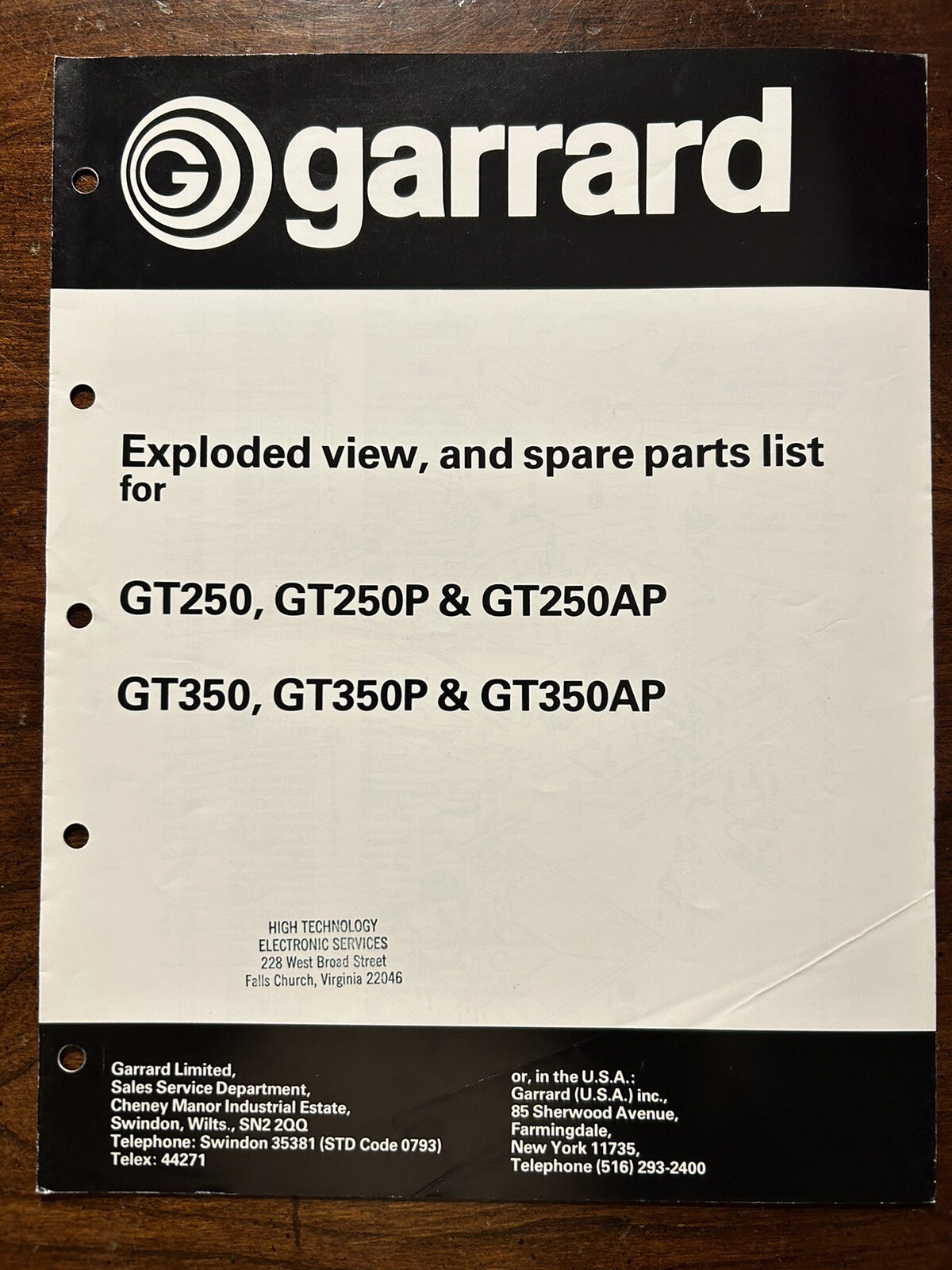 Garrard GT250 GT350 -P -AP Turntable Exploded View Service Manual Genuine OEM