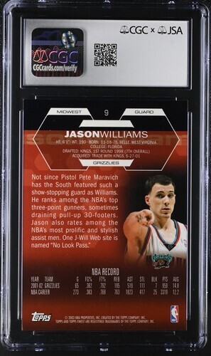 Jason Williams Auto CGC JSA 2002-03 Topps Finest White Chocolate Grizzlies #9 - Picture 2 of 2