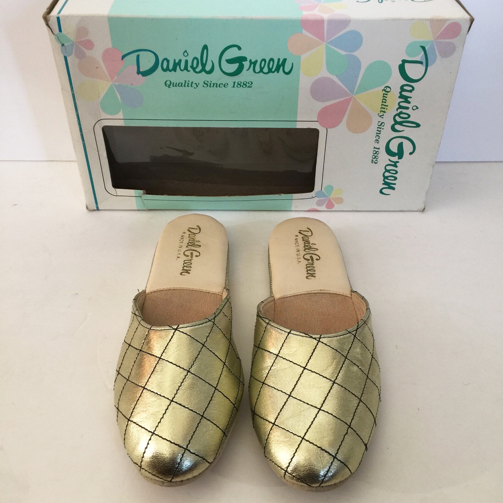 PANTOFOLA D’ORO Pantofole vintage Deadstock anni '50 verde Daniel oro metallizzato in pelle trapuntata taglia 5