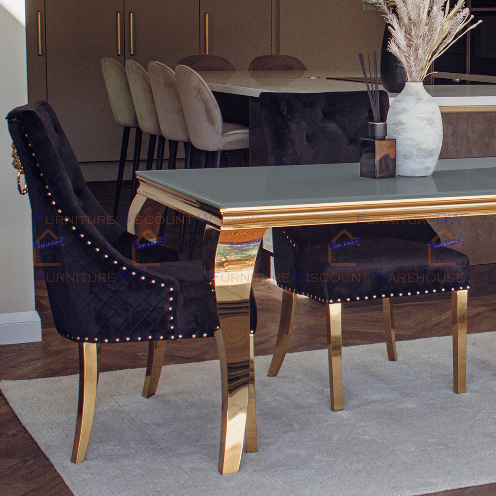 FurnitureDW 2m Full Grey Glass Gold Dining Table and 8 Chairs Black