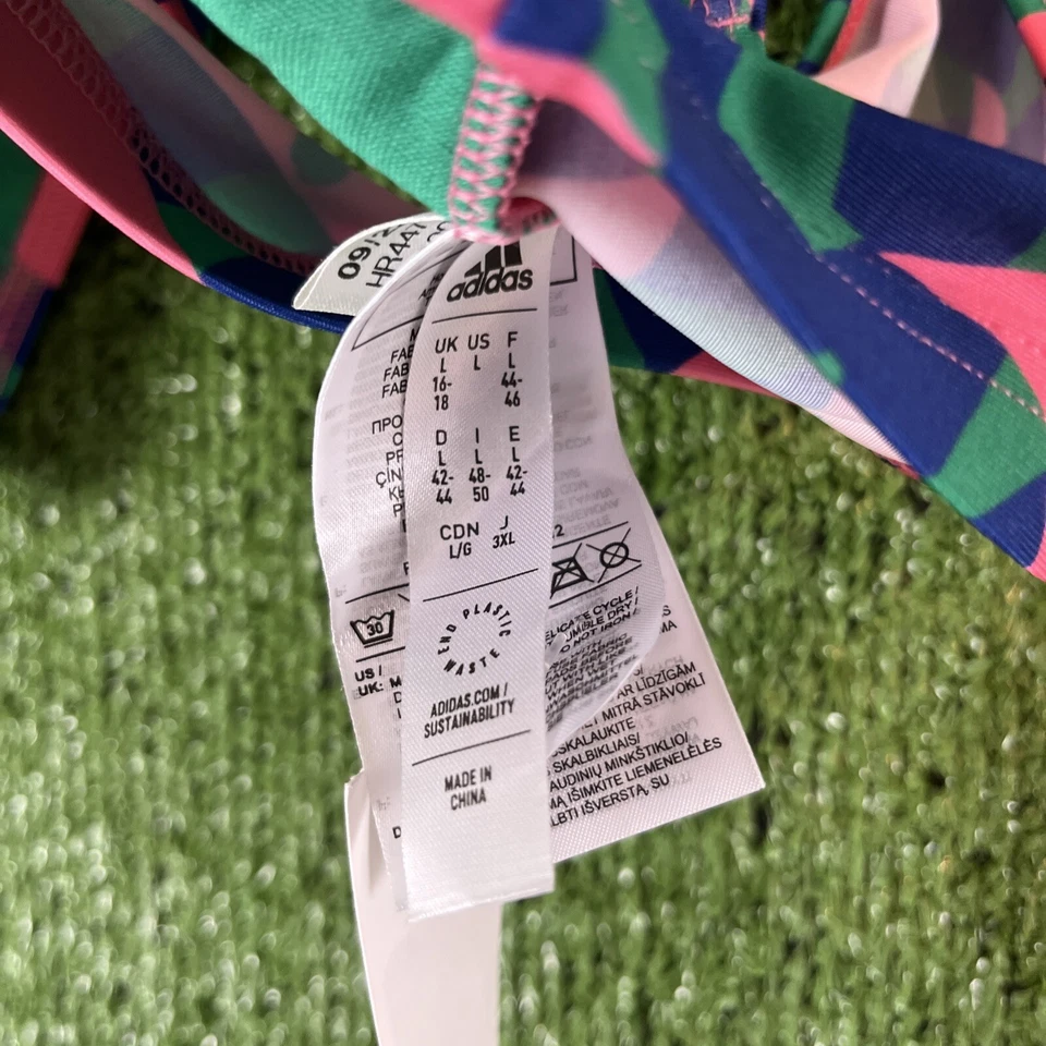 Top de bikini de natación Adidas FARM RIO BEACH púrpura verde brillante talla Lrg.; Fondos Med. Foto 4 de 4