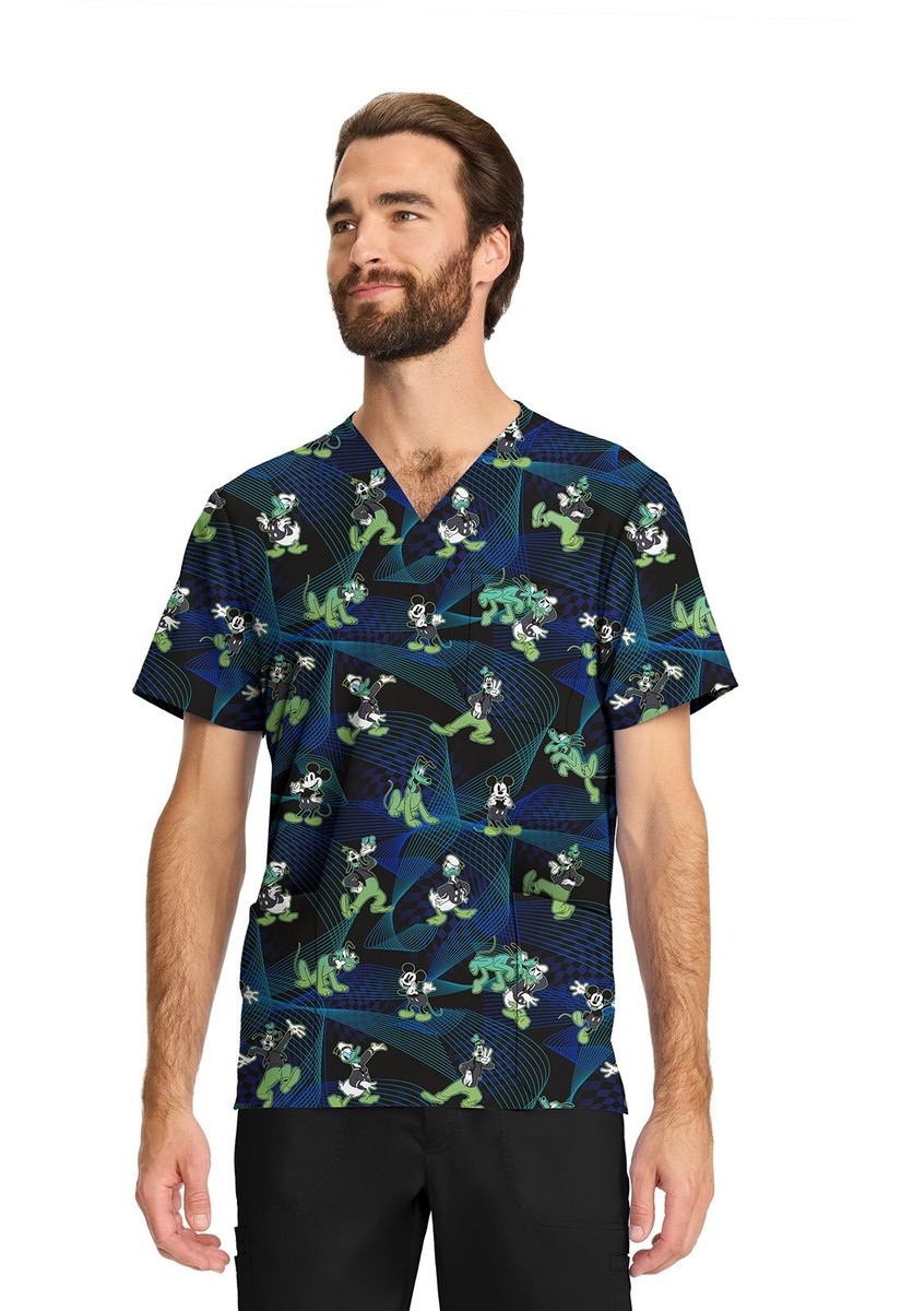 シャリーフ SHAREEF 総柄 DRAWING PT V-NECK BIG-T Cherokee Licensed Scrubs Men's V Neck Print Top TF740 MKIH
