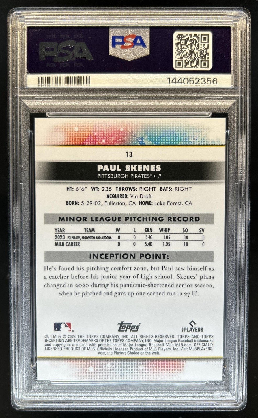 2024 Topps Inception Paul Skenes RC Green Rookie #13 Pirates PSA 9 view 2