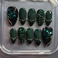 Green Black Gold 3D Flower Almond Press-On Nails Pre-Designed Full Cover