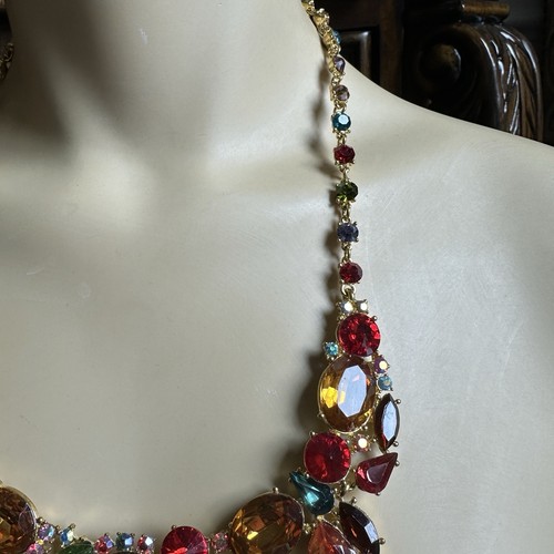VTG Statement Bib Necklace 22" w Match Earrings Multicolor Crystals Gold Plated - Picture 5 of 13