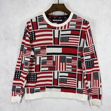 Tommy Hilfiger Sweater Mens Large USA American Flag AOP Patriotic Red White Blue