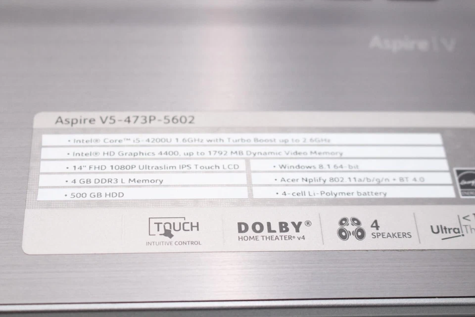 Portátil Acer Aspire V5-473P-5602 14" Táctil i5-4200U 4GB RAM 500GB HDD Win10 Foto 3 de 4