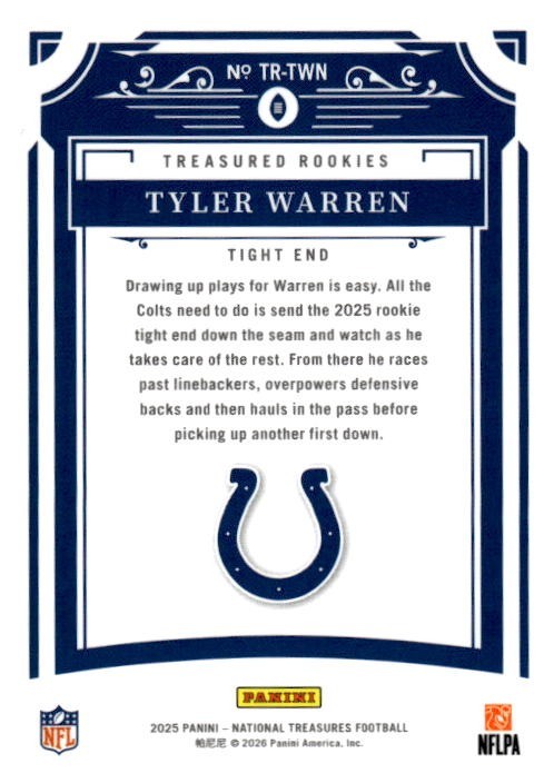 2025 Panini National Treasures Football Tyler Warren #TR-TWN /99