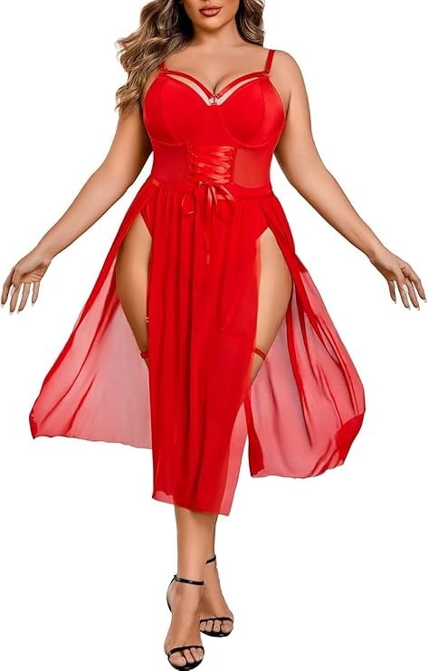 Sexy Conjunto de Lencería Talla Grande para Mujer Sexy Body con Vestido de Abertura Alta y Gar