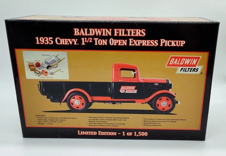 Baldwin Filters 1935 Chevy 1.5 Ton Open Express Pickup 1:24 Diecast Bank LE NIB - Image 2 of 4