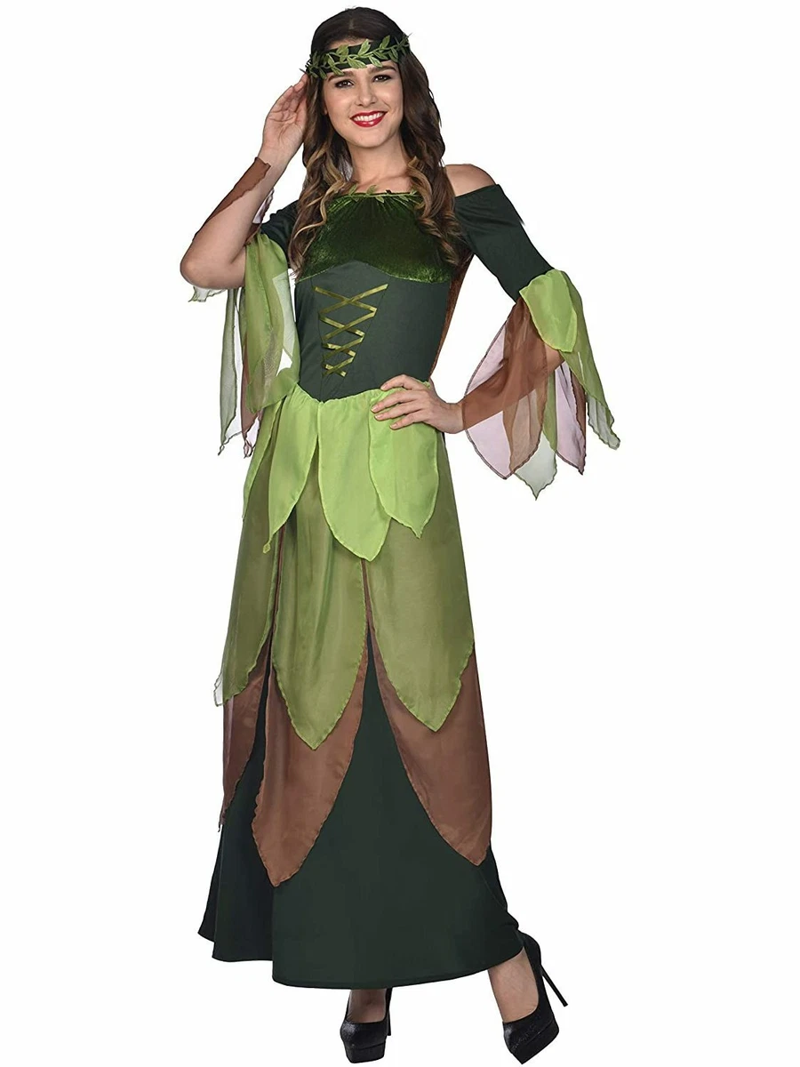 Adults Forest Maiden Fancy Dress Costume Medieval Wood Nymph Elf Womens  Pixie