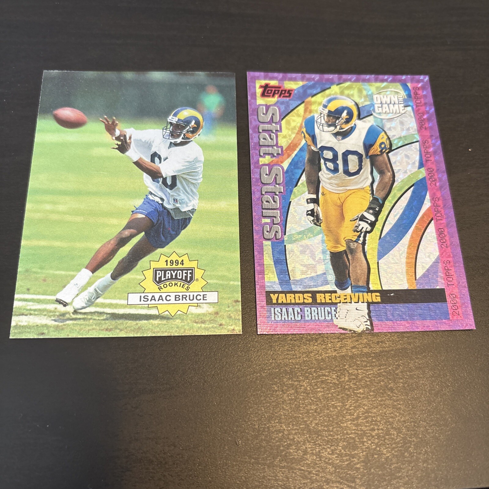 ISAAC BRUCE 1994 Playoff RC #311 & 2000 Topps OWN GAME #OTG25 Rams Cards (b2)