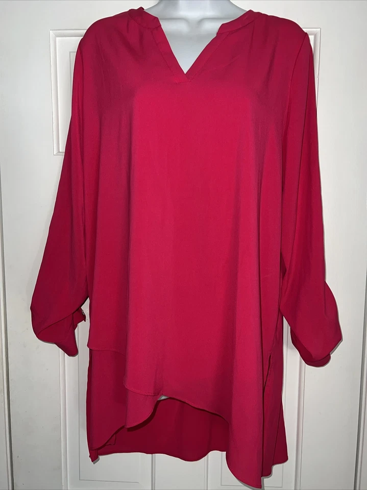 Susan Graver Top Womens Size 10 Pink Tunic Hi Low Long Sleeve Roll Tab V Neck - Image 2 of 4