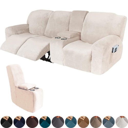 Stretch Velvet Recliner Sofa Covers 3-Seater Middle Console Slipcover 10-Piece - Picture 12 of 21