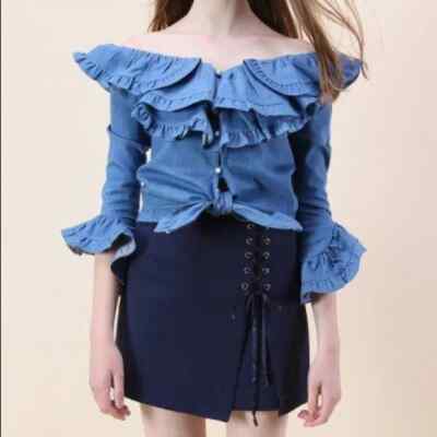 NWT Women's Chicwish Show Stopper Off Shoulder Chambray Blouse