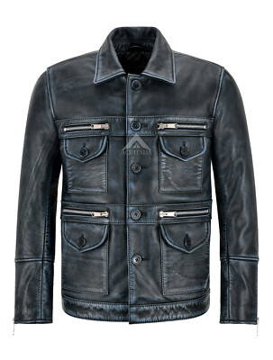 Herren Echt Leder Racer Jacke Marine Vintage Fell Klassisch Biker Mode Stil