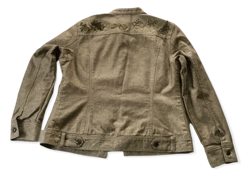Chinco's Denim Jacket Gold Tan Coat Size 1 Small Embellished Embroidered Shimmer - Picture 2 of 6