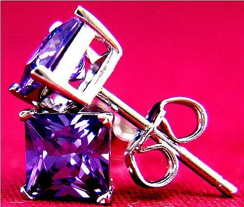 Sterling Silver Rhodium Plated Women Princess Cut Amethyst 3.3 CT CZ Stud - Image 3 of 4