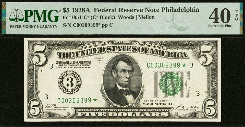 1928A $5 FRN Philadelphia PMG 40EPQ - Gold on Demand - Rare Star Note Fr 1951-C* - Image 4 of 4