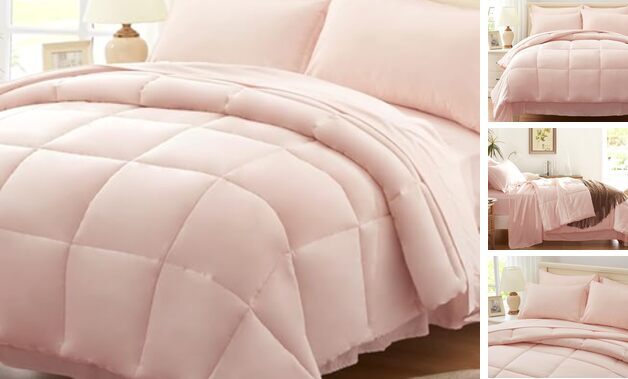 Comforter Set 7 Piece, Pink Bed in a Bag with Sheets, Queen 07 - Pink-grid