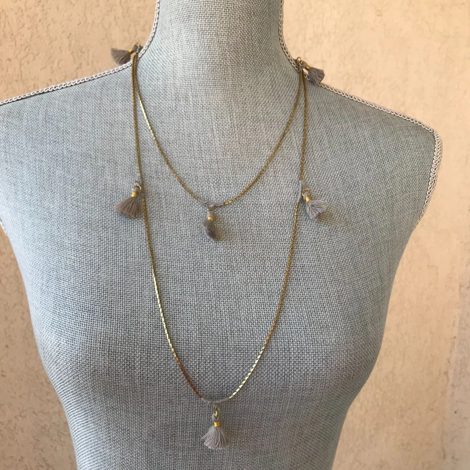 NWT Anthropologie Jewelry Lena Boho Necklace | Thin Gold Strand w/ Grey Tassels - Image 2 of 4