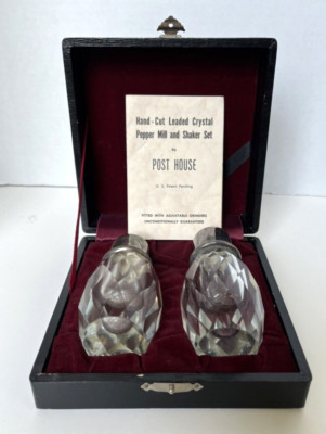 Vintage Post House Cut Crystal Pepper Mill and Salt Shaker Set in Box 