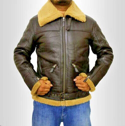 Mens B3 RAF Bomber Irvin Aviator Flying Pilot Fur Shearling Real Leather Jacket