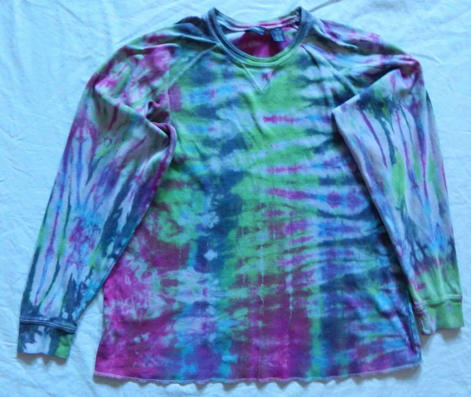 Suéter Tie Dye Verde Negro Rosa Púrpura Cuello Redondo - Mediano Para Hombre Algodón Hecho a Mano Foto 4 de 4