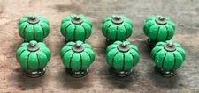 Set of 8 GREEN ENAMEL PULL Drawer Cabinet Knob Porcelain Handle Screws Included