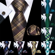 Blue Plaid Men Tie Handkerchief Cufflinks Wedding Business Formal Gift