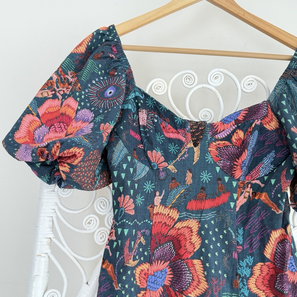 Farm Rio Dress Small Floral Midi Teal River Creatures Slit Midi Boho Puff Sleeve View 2
