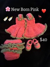 Crocheted Baby Dress Pink And Green With Diaper Cover And Shoes