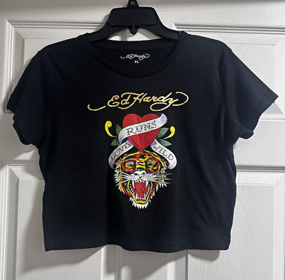 Ed Hardy Women's Black Cropped Graphic Print Tiger Love Crew Neck T-Shirt XL