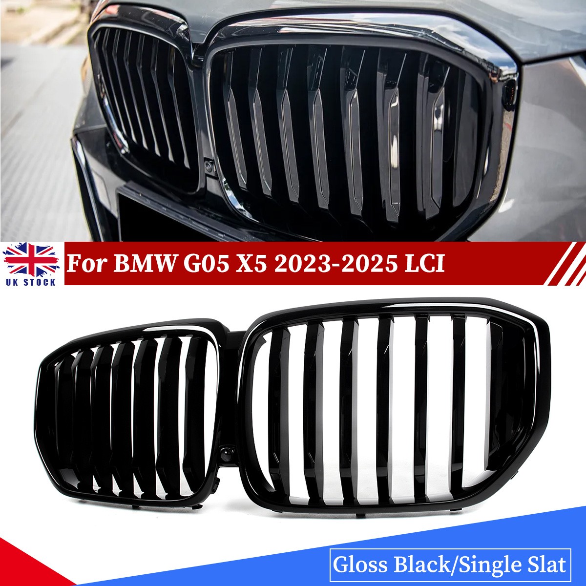 Front Kidney Grills For BMW X5 G05 2023 On LCI Gloss Black Single Slat Grill