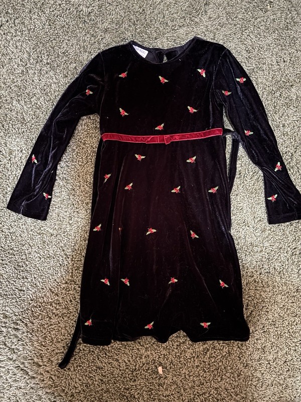 Blueberi Boulevard Girls' Size 6 Black Velvet Christmas Dress W Holly & Berries