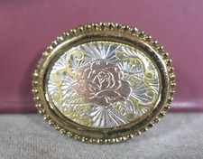 Vintage W Oval Gold  Silver Engraved Pink Rose Floral Leaves Belt Buckle 1.75"