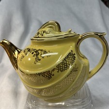 Hall Teapot 0799 6 Cup Yellow and Gold Metalic Trimmed Made in USA
