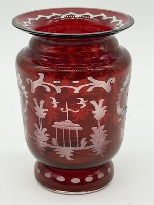 Mini EGERMANN RUBY RED CUT TO CLEAR 3  BOHEMIAN/CZECH CRYSTAL VASE Four Sided