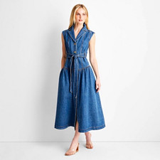 Future Collective Women's Blue Denim Shirt Dress Button Front Belted Midi Size 4